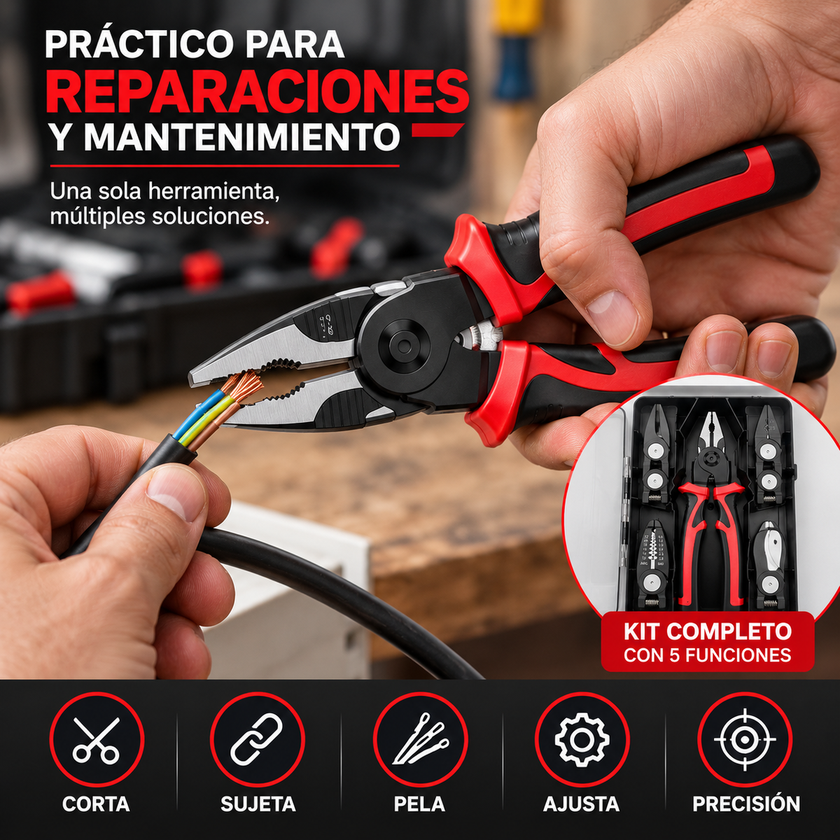 Alicate Multifuncional 5 en 1 – Corte, Agarre y Precisión